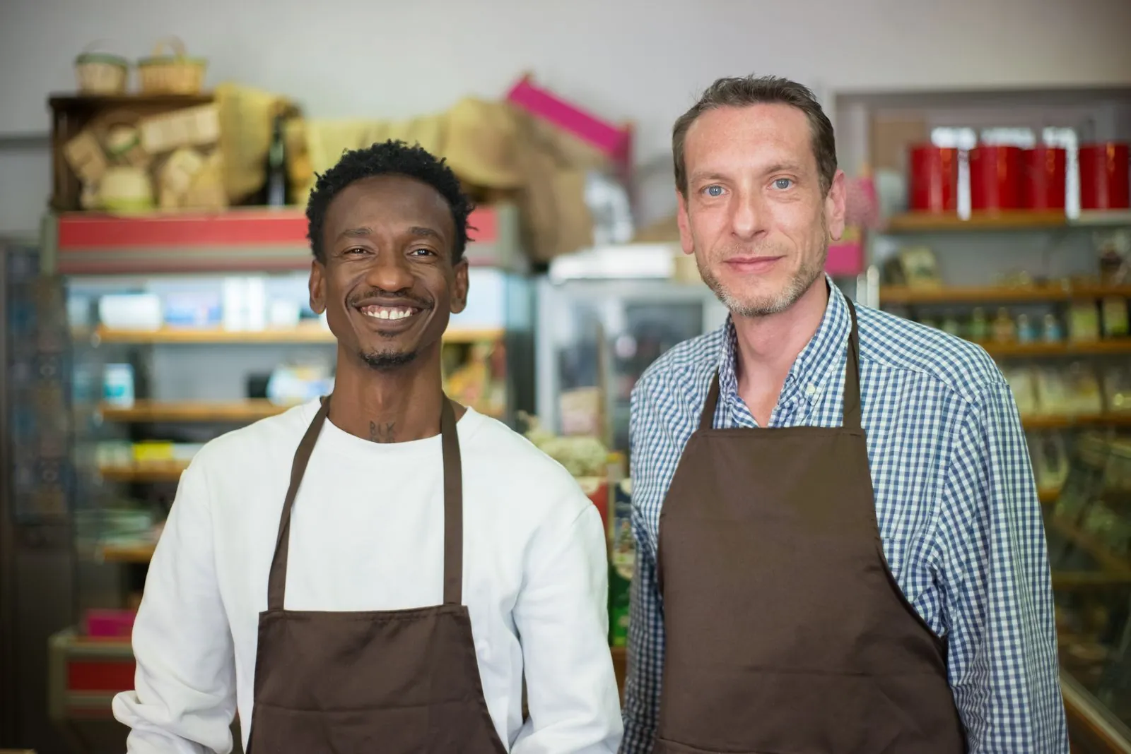 Repreneurs d'un fonds de commerce souriants dans leur boutique